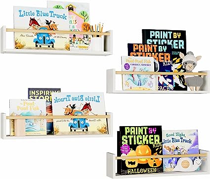 16.5 Inch Floating Bookshelves for Nursery Decor & Playroom Decor, Set of 4,  (Natural Wood)