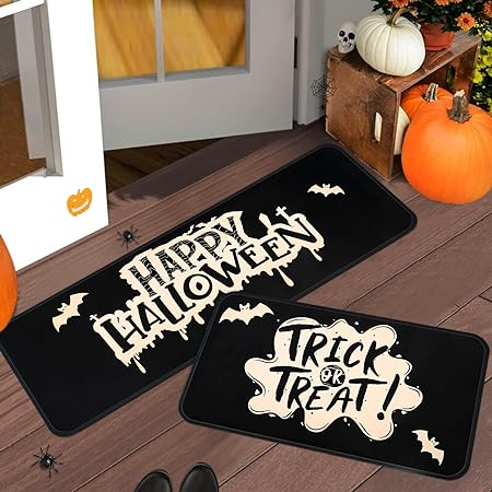 2 PCS Non Slip Halloween Decor Checkered Kitchen Floor Mats, 17x30 and 17x47 Inch