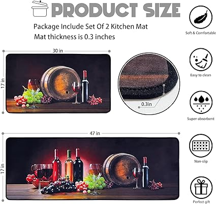 Non Skid Washable Microfiber mats for Kitchen Floor, Kitchen Rules Theme Kitchen Cushioned Runner Rug Decor Sets of 2,Size 17"x 47"+17"x 30"