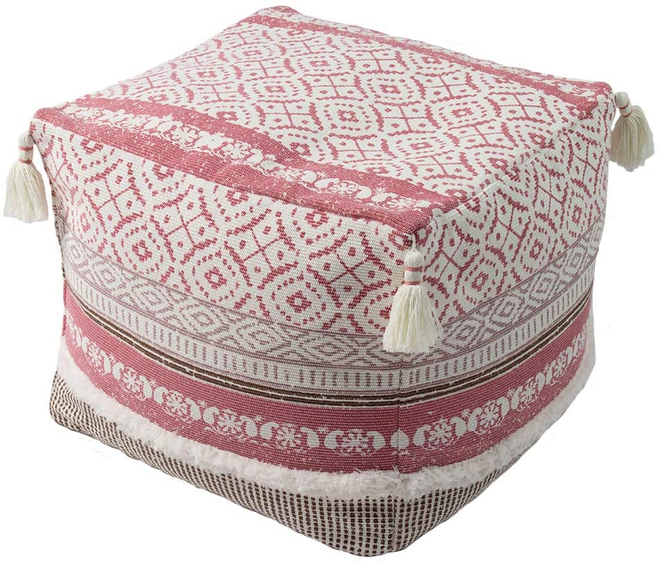 Boho Tufted Decorative Unstuffed Pouf - Farmhouse Casual Ottoman Pouf Cover with Big Tassels, Handwoven Foot Rest