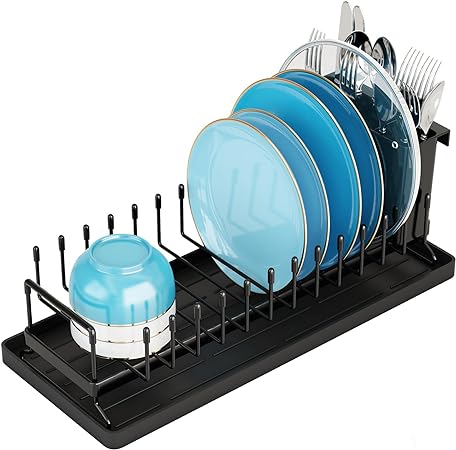 Compact Dish Rack for Kitchen Counter with Silicone Dish Drying Mat, Stainless Steel Dish Drainer for Kitchen Sink, Space Saving Plate Rack Cutlery Holder, Black