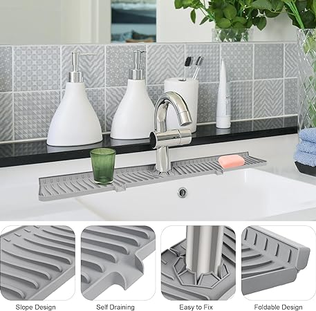 30" Sink Longer Silicone Faucet Handle Drip Catcher Tray (Black)
