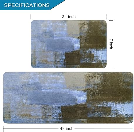 2 Pieces Abstract Anti Fatigue Non Slip Foam Cushioned Blue and Brown Art Painting Comfort Indoor Floor Mat, (17"x48"+17"x24")