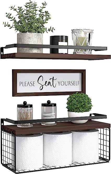 Floating Shelves with Wall Décor Sign, Bathroom Shelves Over Toilet with Wire Storage Basket, Wood Wall Shelves with Protective Metal Guardrail– Black