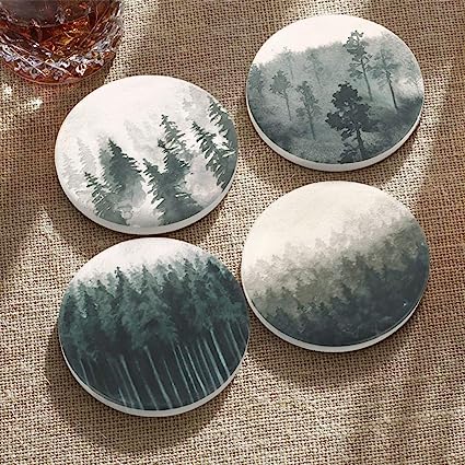 Round Drinks Absorbent Stone Coaster Set With Ceramic Stone and Cork Base (Forest, 4)