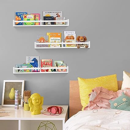 Floating Nursery Book Shelves for Wall Set of 2, Classic White Wall Bookshelf for Kids Room,Book Shelf for Kids Rooms Bedroom Bathroom (16.5 inches Set of 2 White)