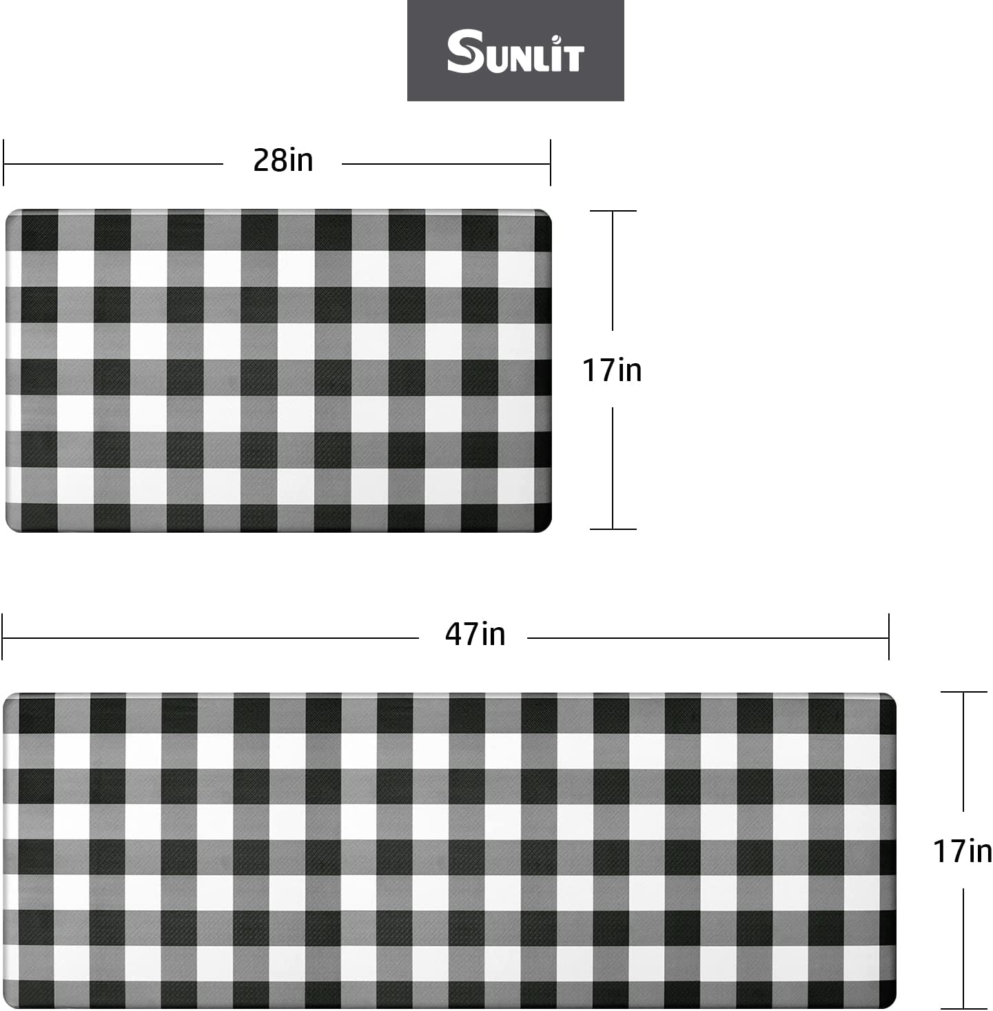Set of 2 Anti Fatigue, Non Slip Waterproof Comfort, 0.4 Inch Thick, Gray and White Buffalo Plaid (Size:17"x28"&17"x47")