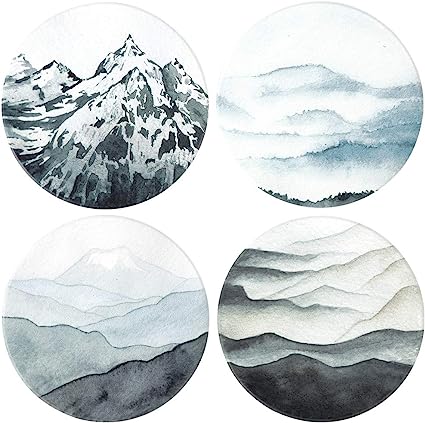 Round Drinks Absorbent Stone Coaster Set With Ceramic Stone and Cork Base (Forest, 4)
