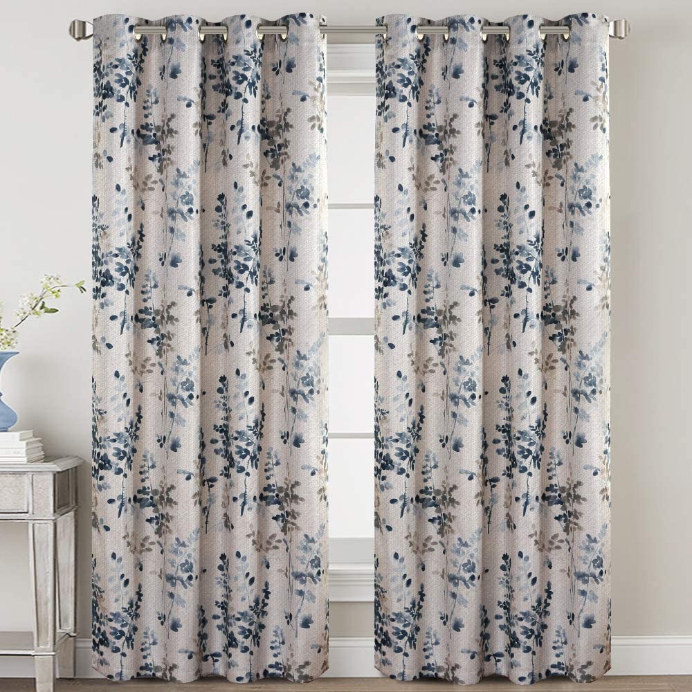 Linen Blackout Curtains 63 Inches Burlap Effect Linen Curtain Draperies for Grey Floral Printing Grommet 2 Panel