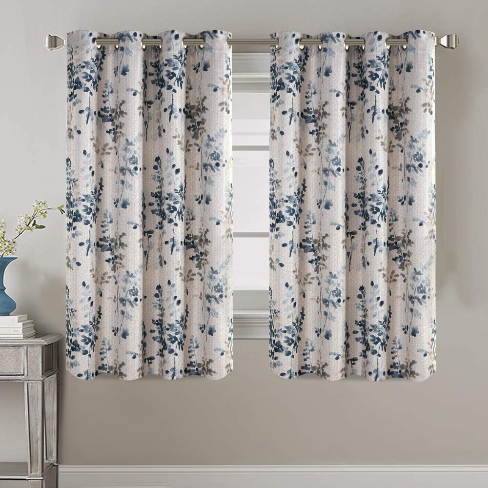 Linen Blackout Curtains 63 Inches Burlap Effect Linen Curtain Draperies for Grey Floral Printing Grommet 2 Panel