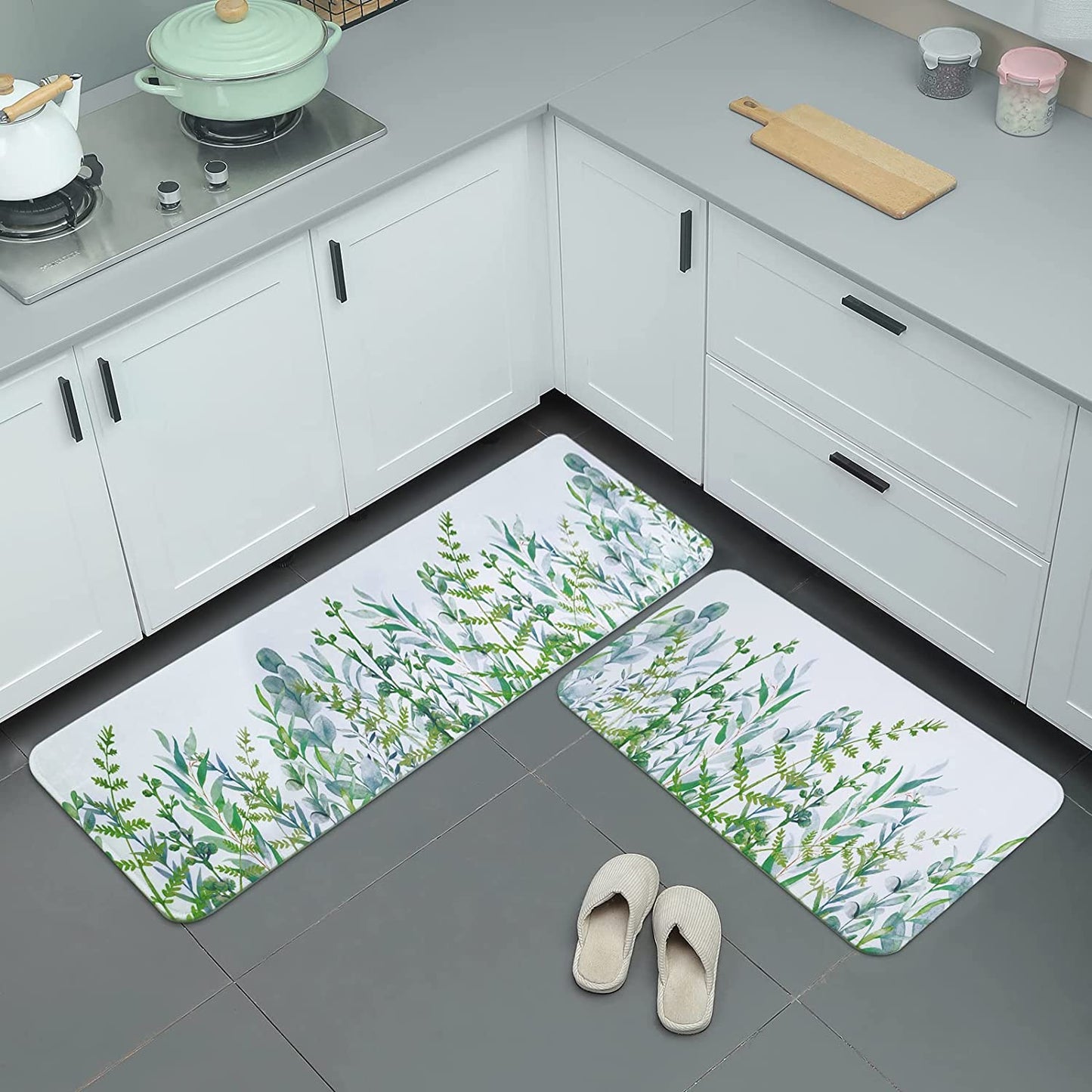 2 PCS Cushioned Floral, Flowers Anti Fatigue Kitchen Rugs  - 18'' x 48'' + 18'' x 30''