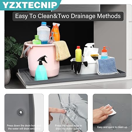 Waterproof, 34”x22”Or Smaller Cut to Fit Flexible Silicone Under Sink Liner with Drain Hole,