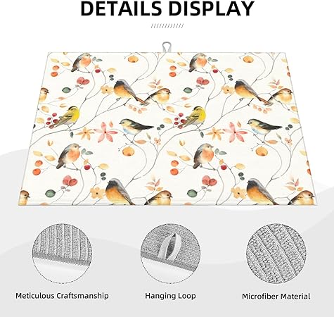 Bird Dish Drying Mat, Absorbent Microfiber Reversible Mats for Kitchen Counter, 16x18 Inch