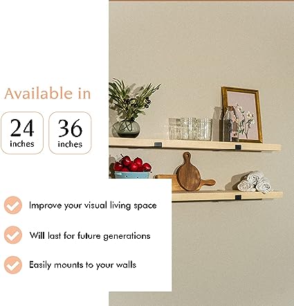 Wall Mounted Wooden Floating Shelves, Light Walnut (36 Inch Set of 2)