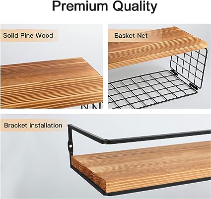 Wooden Floating Shelves Wall Mounted 3 Packs with L Iron Brackets (Hook-Up, Dark Brown)