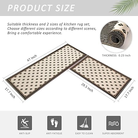 2 PCS Vintage Water Absorb Microfiber Non Skid Washable Farmhouse Kitchen Mats and Rug Set - 17"x29.5"+17"x47", Beige&Black