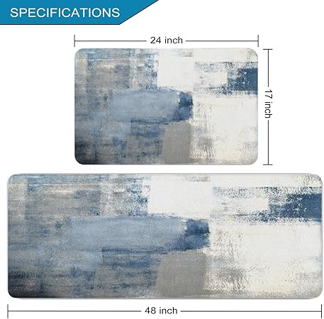 2 Pieces Abstract Anti Fatigue Non Slip Foam Cushioned Blue and Brown Art Painting Comfort Indoor Floor Mat, (17"x48"+17"x24")