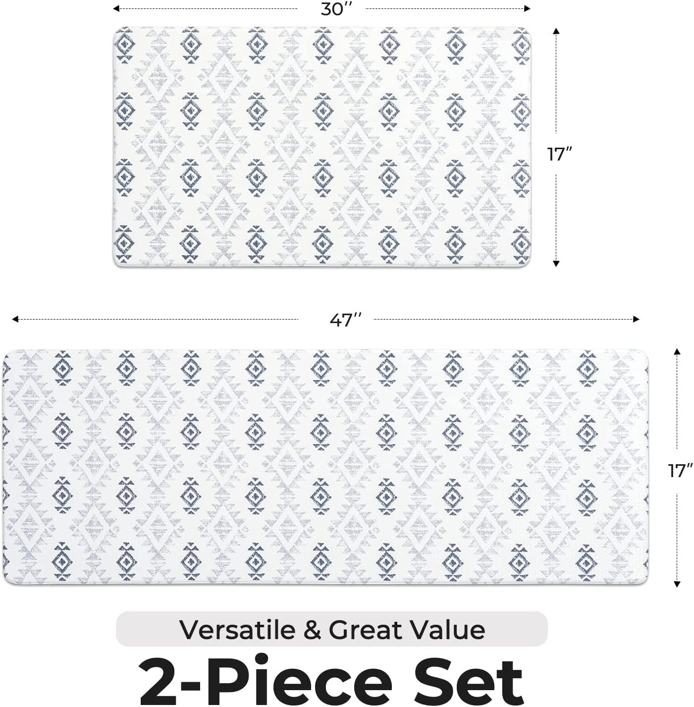 Anti Fatigue 2 Piece Set, Waterproof & Non-Skid Boho Cushioned Standing Washable Comfort Desk Kitchen Runners, 17x30+17x47