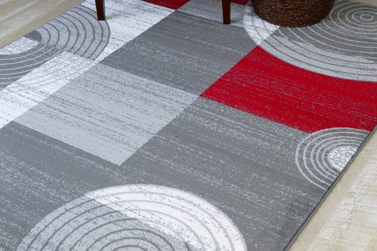 Modern Trendz Abstract Circle Grey Red Premium Soft Area Rug