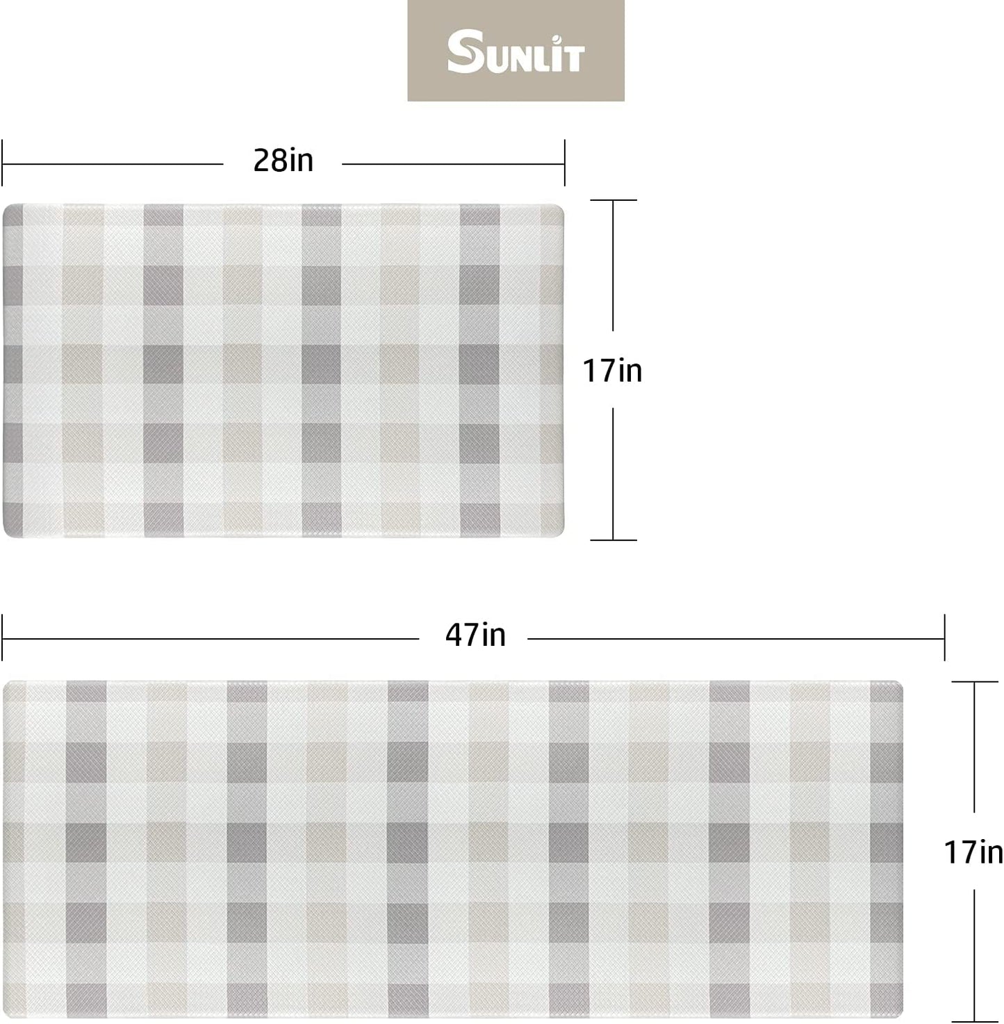 Set of 2 Anti Fatigue, Non Slip Waterproof Comfort, 0.4 Inch Thick, Gray and White Buffalo Plaid (Size:17"x28"&17"x47")