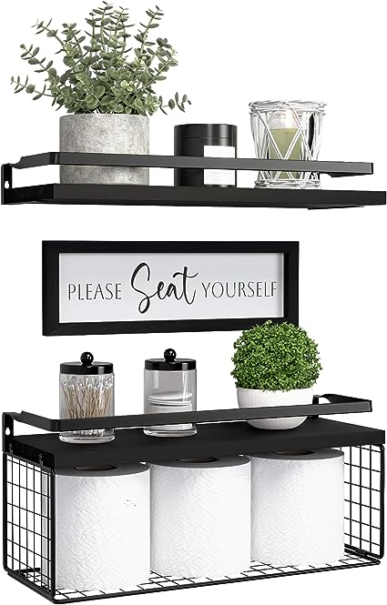 Floating Shelves with Wall Décor Sign, Bathroom Shelves Over Toilet with Wire Storage Basket, Wood Wall Shelves with Protective Metal Guardrail– Black