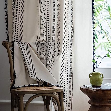 Bohemian Geometric Tassel Window Curtains - 2 Panels Semi Blackout Cotton Blend Farmhouse  (Bohemian, 52" W x 84" L Pair)Boho Style Drapes Rod Pocket