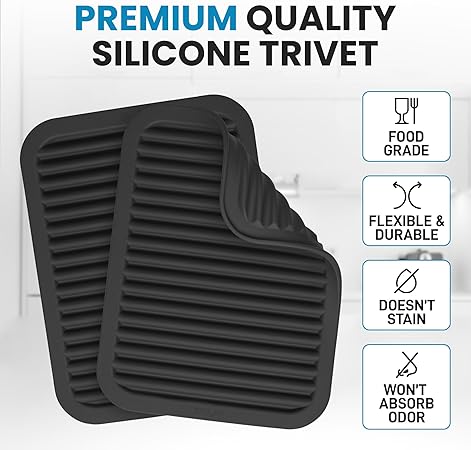2 Pack (9"x12")Multi-Purpose & Versatile, Heat Resistant Silicone Trivets for Hot Pots and Pans - Black