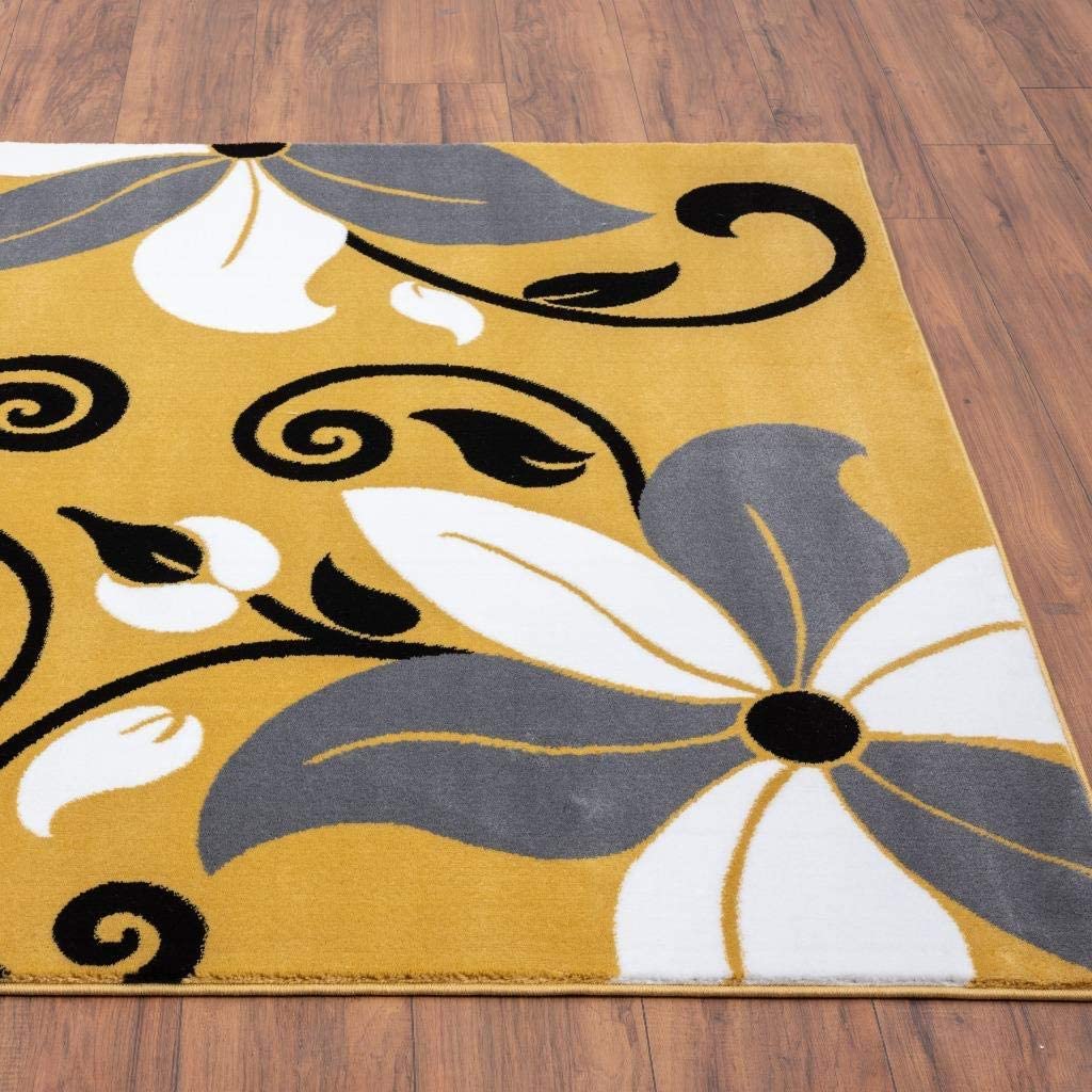 Victoria Collection Modern Mustard Yellow Floral Area Rug