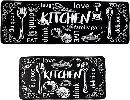 Set of 2 Non-Slip Grey Kitchen Farmhouse Rugs 16 x 31.5 in +16 x 47.3 in (Black Rugs)