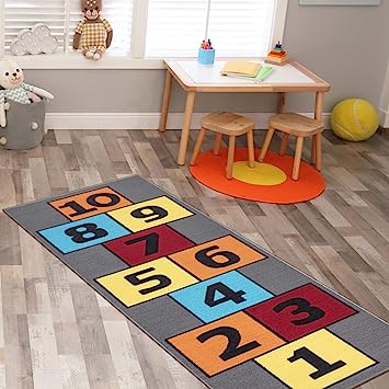 Machine Washable Wrinkle Free Abstract Hopscotch Design Cotton 3x6 Kid's Area Rug