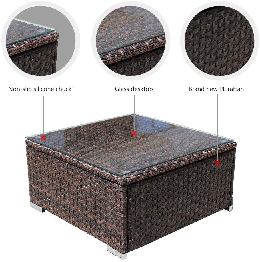 DIMAR garden Outdoor Coffee Table with Tempered Glass Top Wicker Patio Furniture Sets Rattan Sectional Small Table (Black 19.7in)