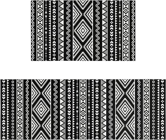 2 Piece Washable Non-Slip Black Boho Kitchen Mats