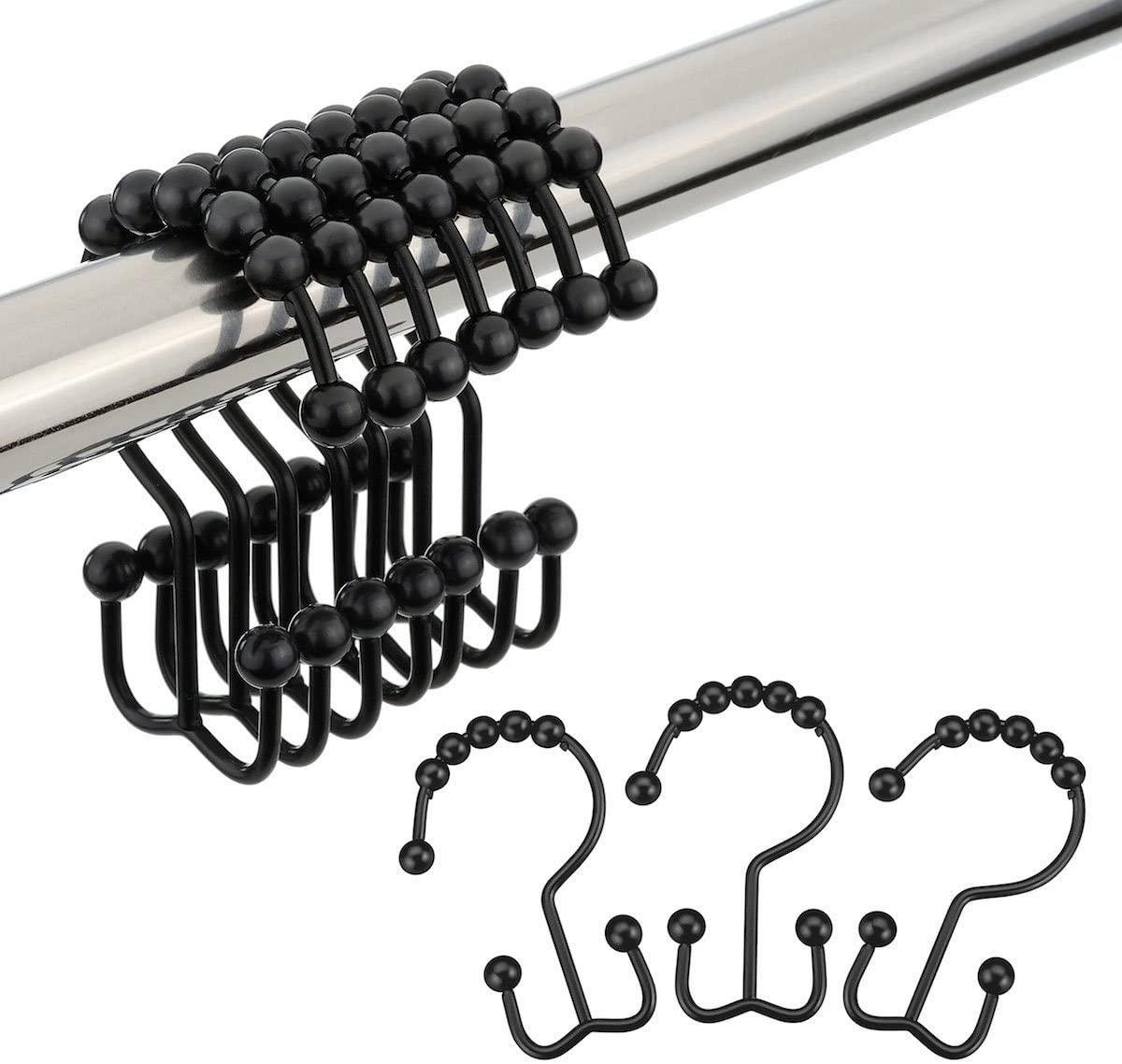 Metal Double Glide Shower Hooks for Bathroom Rods Curtains, Set of 12 Hooks