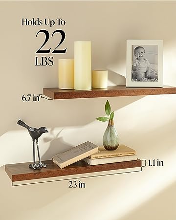 Set of 2 Wall Mounted Rustic Wood Shelves  Decor with 22lbs Capacity (Rustic Brown)