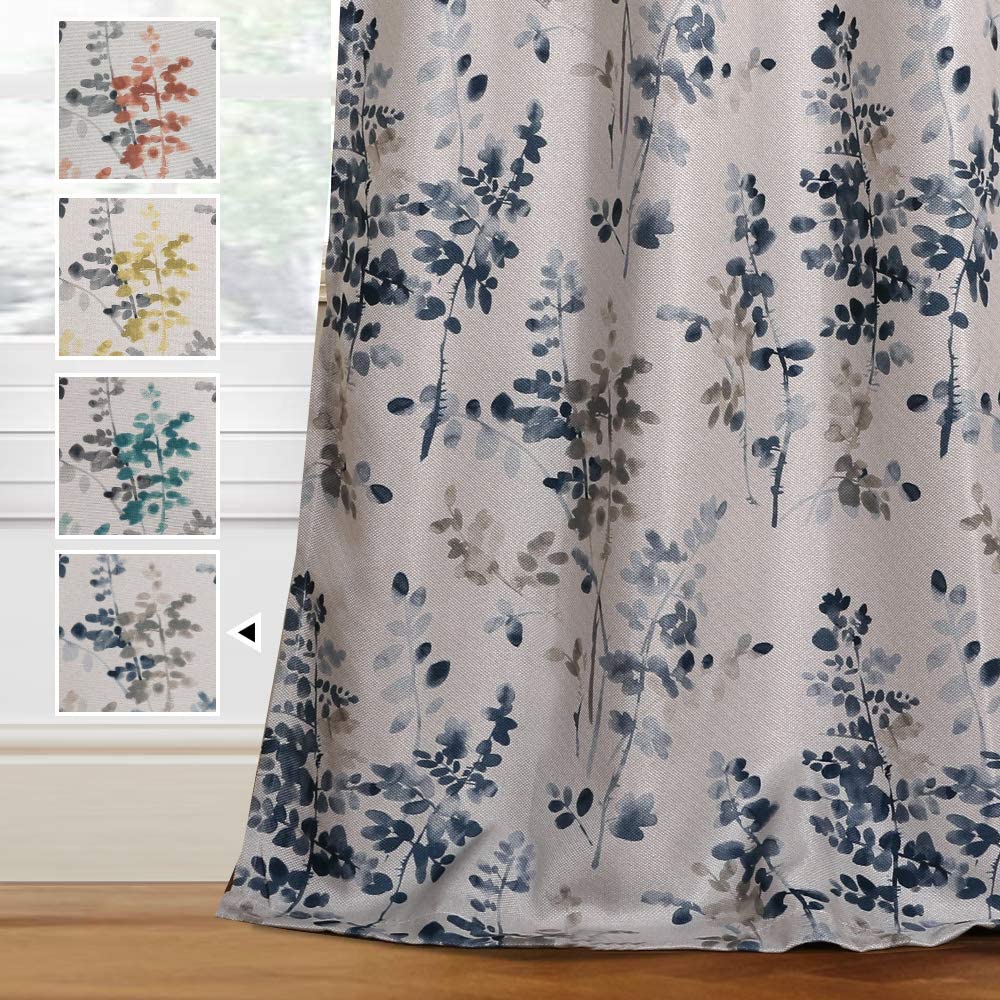 Linen Blackout Curtains 63 Inches Burlap Effect Linen Curtain Draperies for Grey Floral Printing Grommet 2 Panel