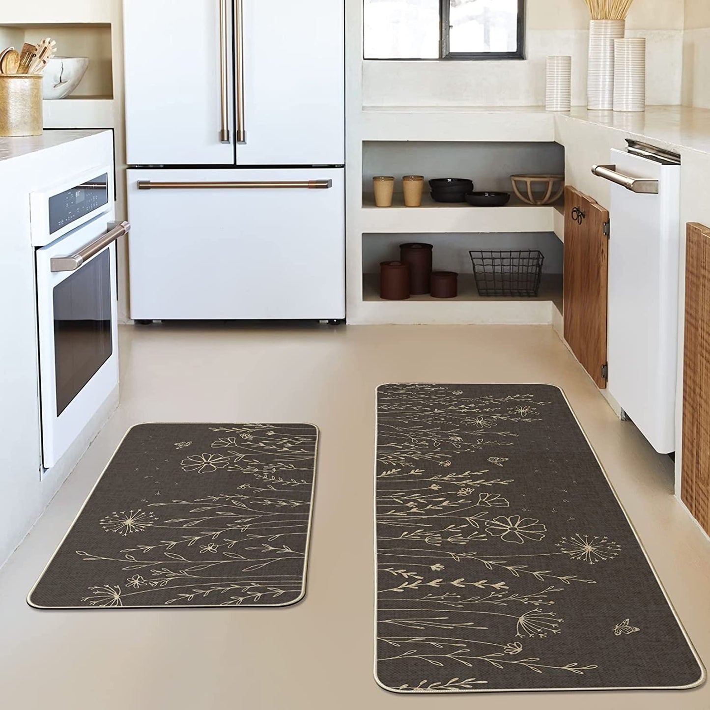Set of 2 Black Dandelion Low-Profile Kitchen Rugs - 17x29 and 17x47 Inch