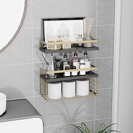 Home Decor Floating Shelves with Towel Bar/Hooks, (Gold-White)