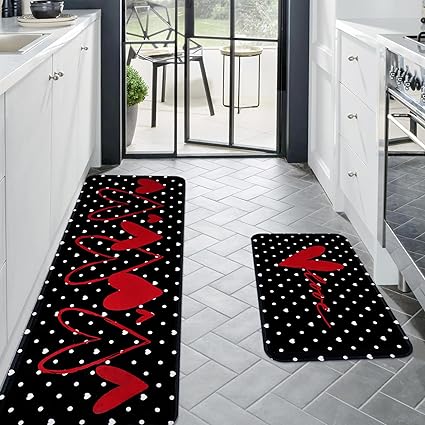 2 Pcs Valentines' Day, Black Kitchen Area Rug Set, Non Slip Backing, Absorbent Anti Fatigue Kitchen Mats