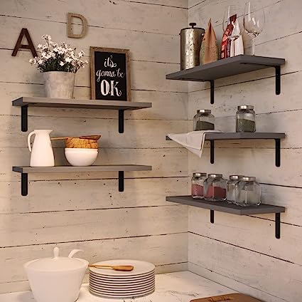 Set of 5 Farmhouse Style Floating. Hanging Shelf for Wall Décor - Carbonized Black