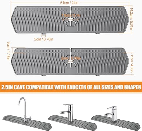 24in Faucet Mat Splash Catcher, Handle Drip Catcher Tray, Multipurpose for Kitchen Dish Drying Mats Sponge Holder and Bathroom Countertop Protect(Black)