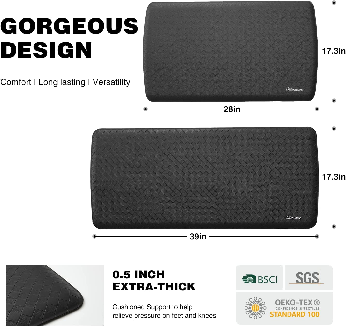 1/2 Inch Thick Cushioned Comfort Anti Fatigue Nonskid Waterproof Standing Desk Mat  - (17.3X28'',Black)