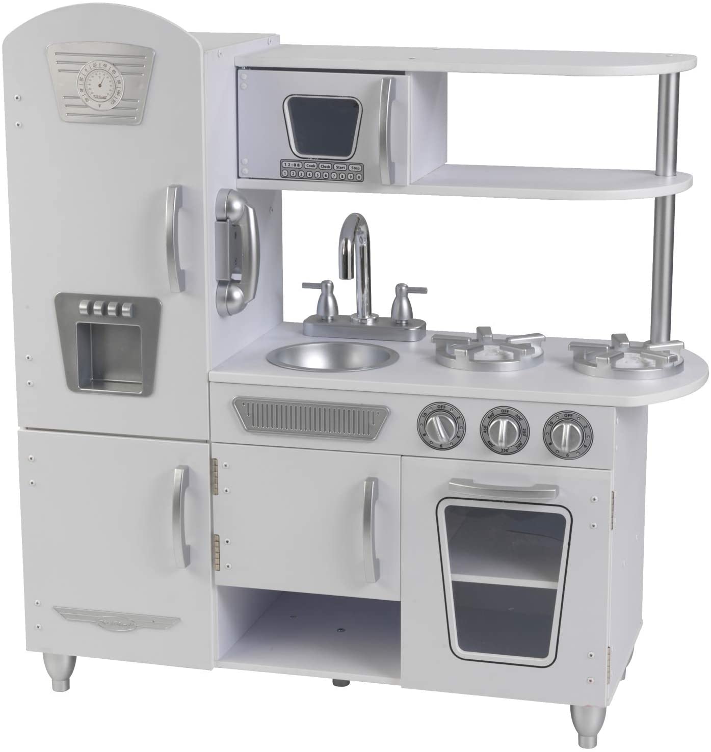 Vintage Wooden Play Kitchen with Pretend Ice Maker and Play Phone, White