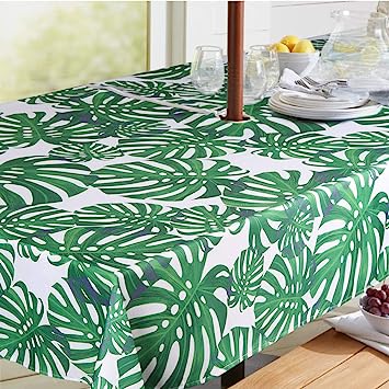 Medallion Outdoor Tablecloth with Umbrella Hole - Water Resistant Spillproof Table Cover (Zippered - 60" x 60" Square, Light Green)