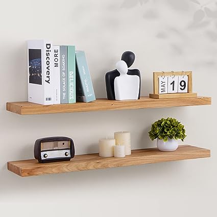 Floating Shelves, 8 Inch Deep Rustic Solid Elm Wood Wall Shelves, 24 Inch Width Set of 2