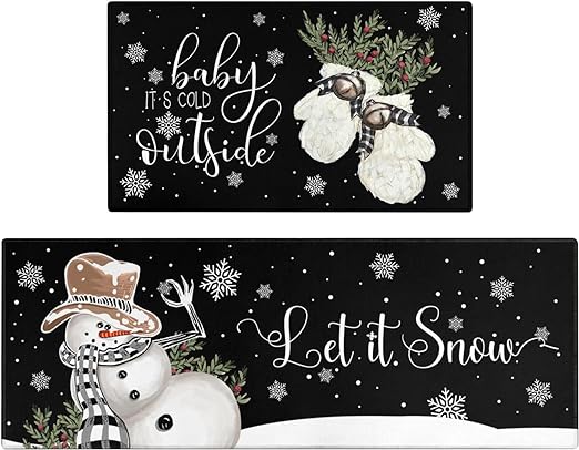 Set of 2, Non Skid Washable Winter Snowman Let It Snow Snowflake Knitted Gloves Xmas Holiday Sink Floor Mat, 17"x47"+17"x30"