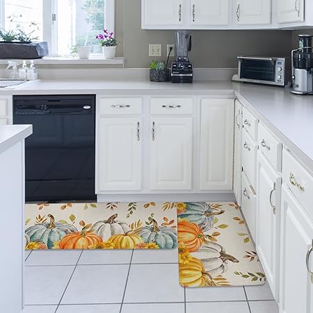 Non SlipTeal Golden-Yellow Pumpkins Fall Maple Leaf Botanical Anti-Fatigue Kitchen Rugs Set of 2,