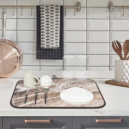 Brown Marble Reversible Absorbent Microfiber Dish Drainer/Rack Pads with Hanging Loop, XL 24" x 18"