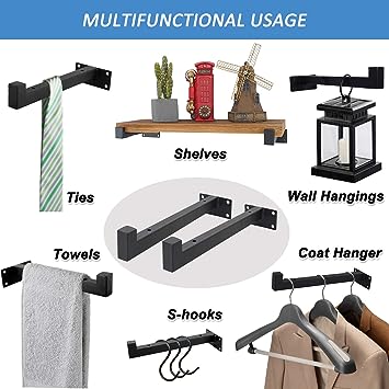 Floating Shelf Brackets Heavy Duty Wall Mounted Shelf Brackets, Black Industrial Iron Square Brackets, Wall Shelf Brackets for Floating Shelves 8 Inch, Hanging Shelving Supports with Lip (6 Pack)