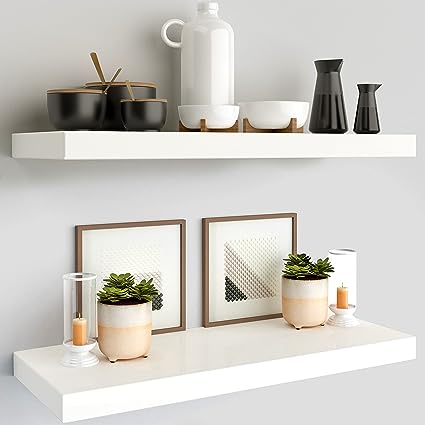 Bella White Floating Shelves, (2 Pc) 24 x 9 INCH Wall Mounted Shelves