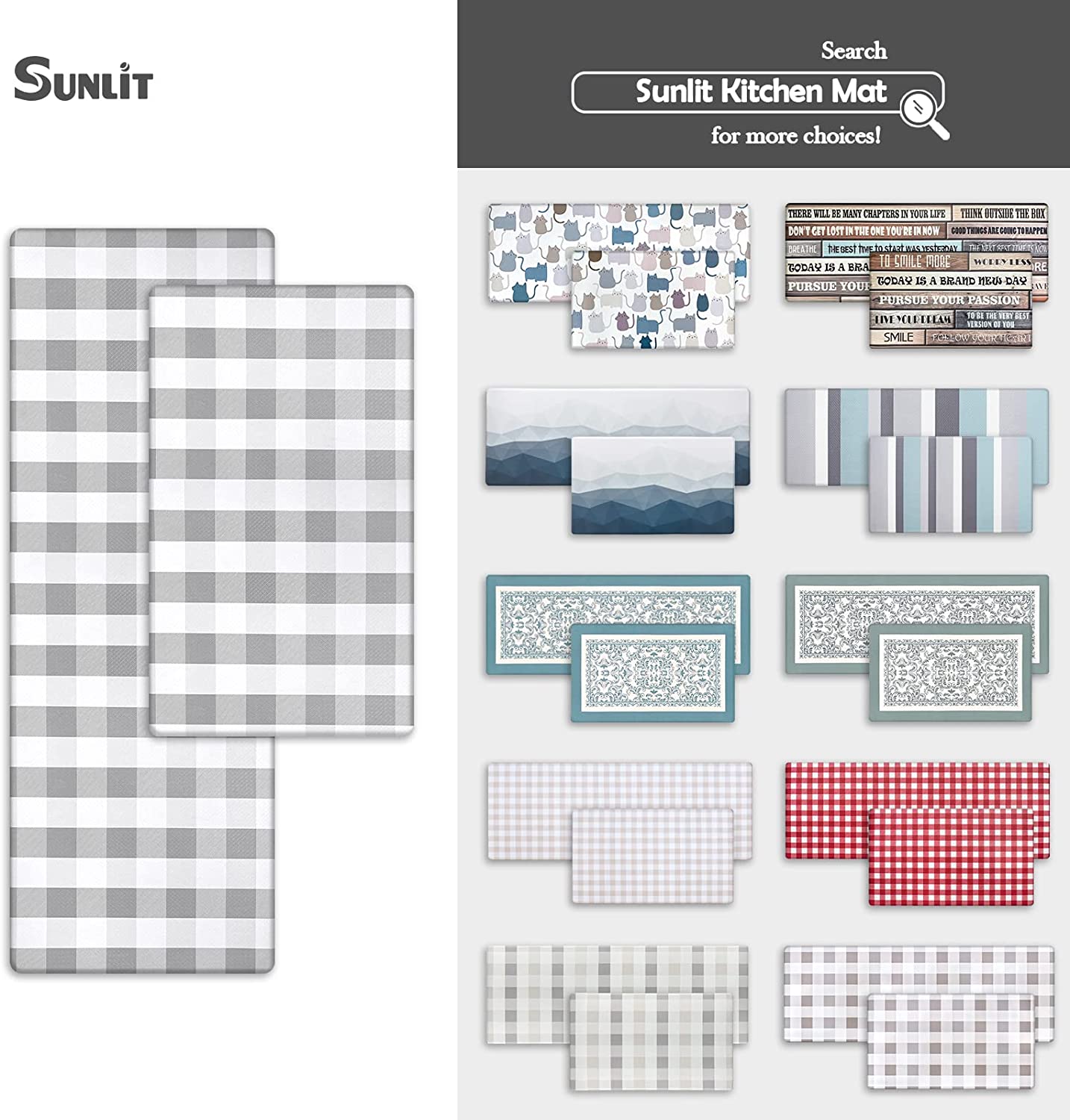Set of 2 Anti Fatigue, Non Slip Waterproof Comfort, 0.4 Inch Thick, Gray and White Buffalo Plaid (Size:17"x28"&17"x47")
